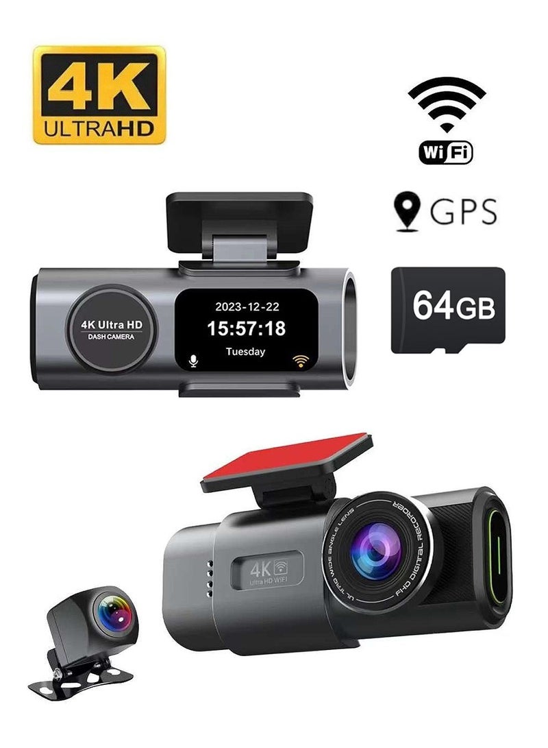 Dash Cam, Front and Rear Dash Cam, Car Camera, Super Night Vision Car Camera, Front Camera 4K, Rear Camera 1080p HD with 64GB Memory card - Image 1